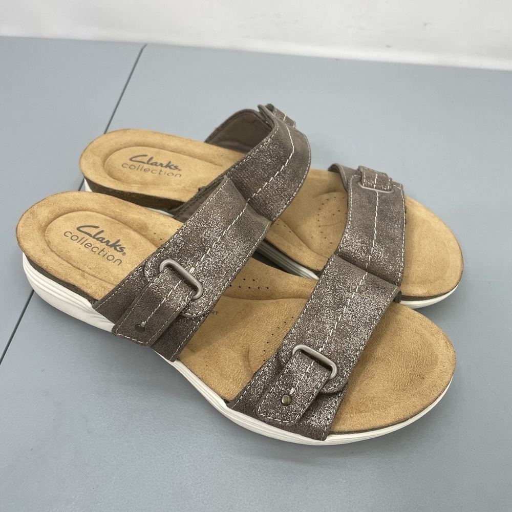 Clarks April Dusk Slide Sandals Comfort Bronze Metallic Brown Womens 8